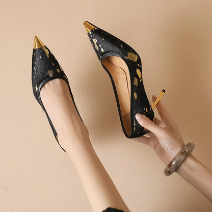 Gilded Splatter Pony-Hair Pointed-Toe Stiletto Leather Pumps