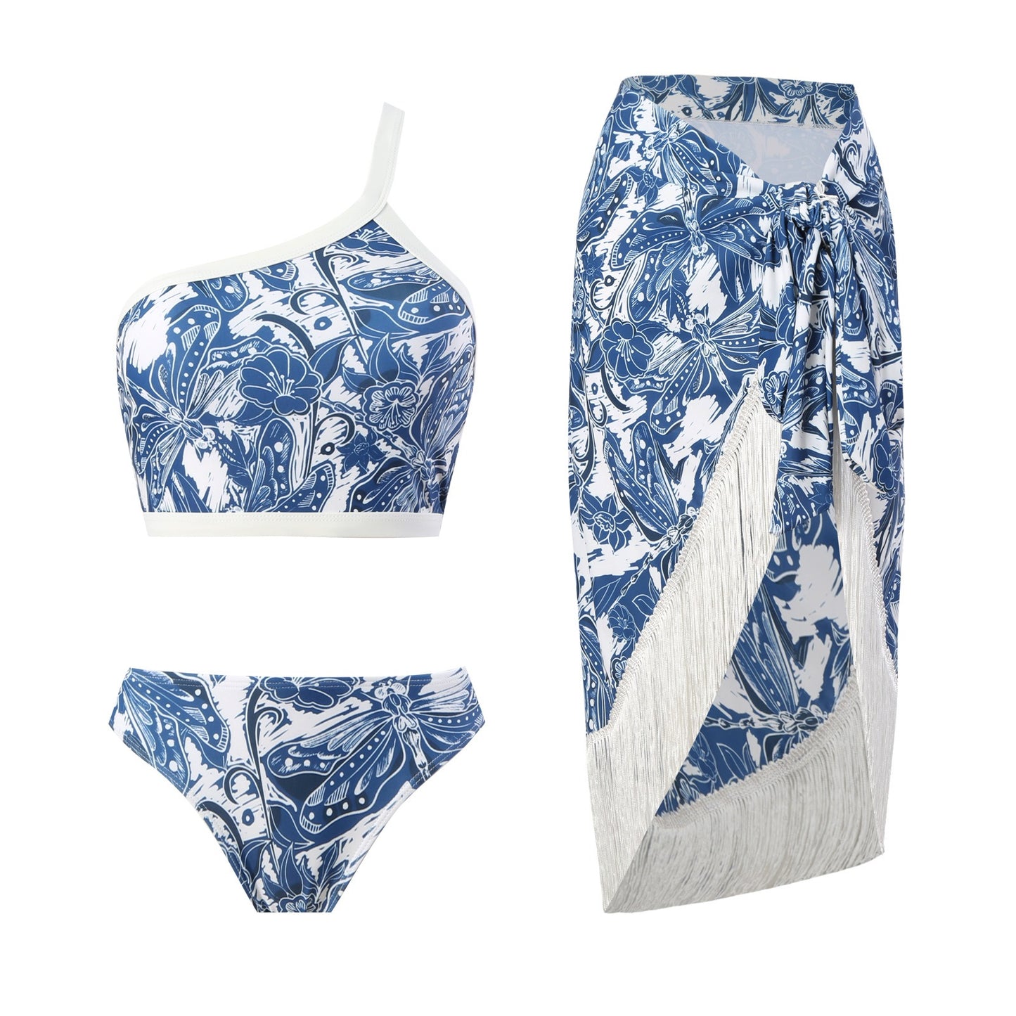 Three-piece Set of Retro Style Print Swimsuits Paired with a Matching Sarong in Multiple Designs