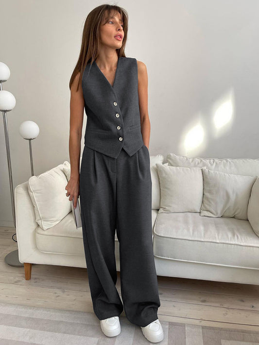 Tailored V-Neck Button-Front Vest & Wide-Leg Trouser Set