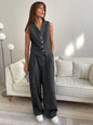 Tailored V-Neck Button-Front Vest & Wide-Leg Trouser Set
