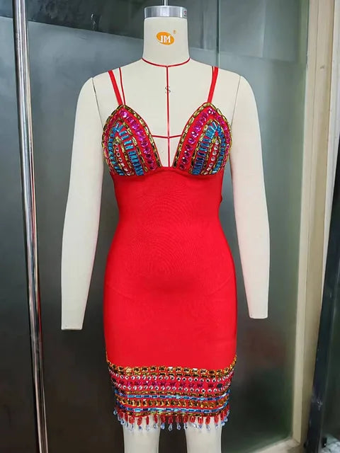 Rainbow Crystal Embellished Fringe-Hem Mini Dress