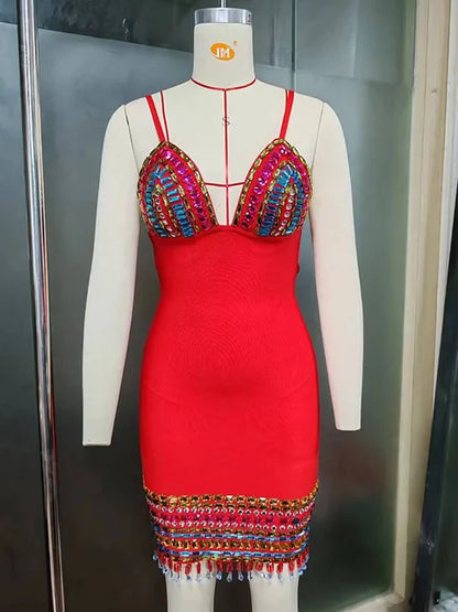 Rainbow Crystal Embellished Fringe-Hem Mini Dress