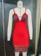 Rainbow Crystal Embellished Fringe-Hem Mini Dress