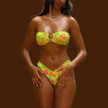 Retro Bloom Bandeau Bikini Set Floral Sunset Glow—Multiple Colors Available)
