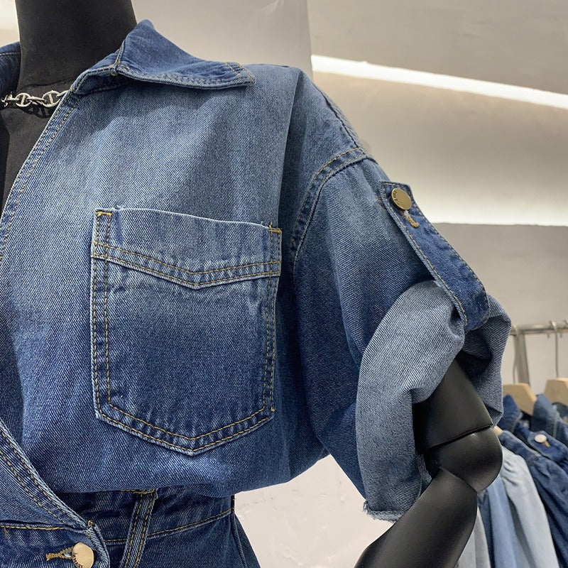 Stylish V-neck retro design denim dress for women