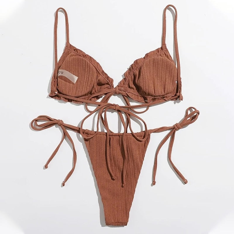 Ribbed Tie-Front Triangle Bikini Set-Multiple Colors