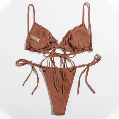Ribbed Tie-Front Triangle Bikini Set-Multiple Colors