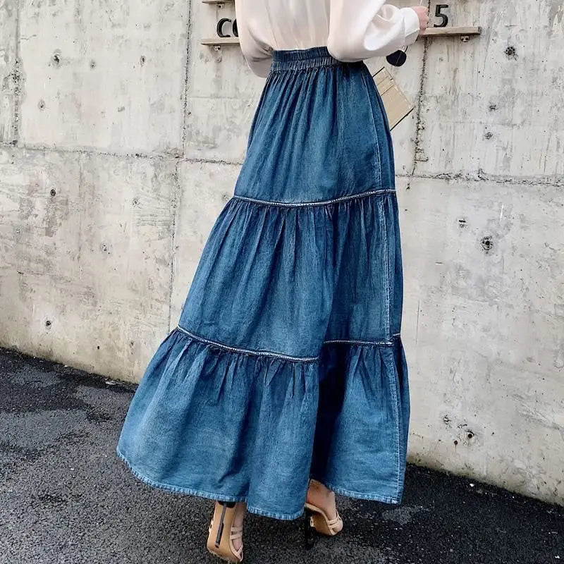 Long Vintage Denim Skirt with Elastic Waist