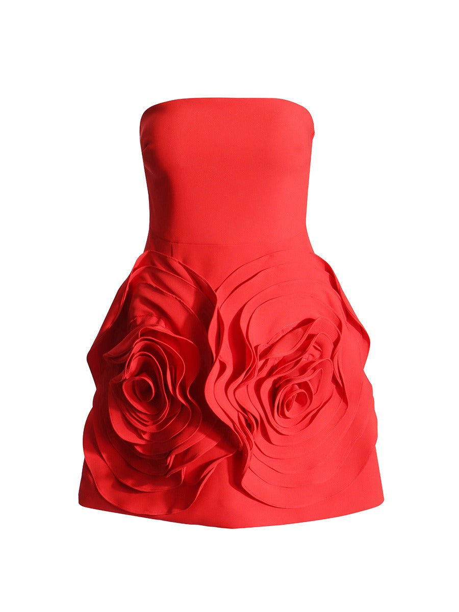 Red Hot Floral Mini Dress,   A-line Dress With a  Stunning 3 D Rose Design