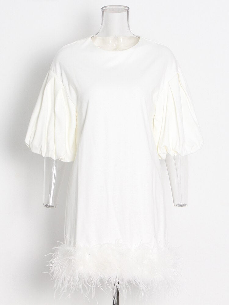 Stylish Mini Dress WIth Feathered Hem and  Lantern Sleeves