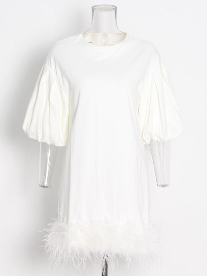 Stylish Mini Dress WIth Feathered Hem and  Lantern Sleeves