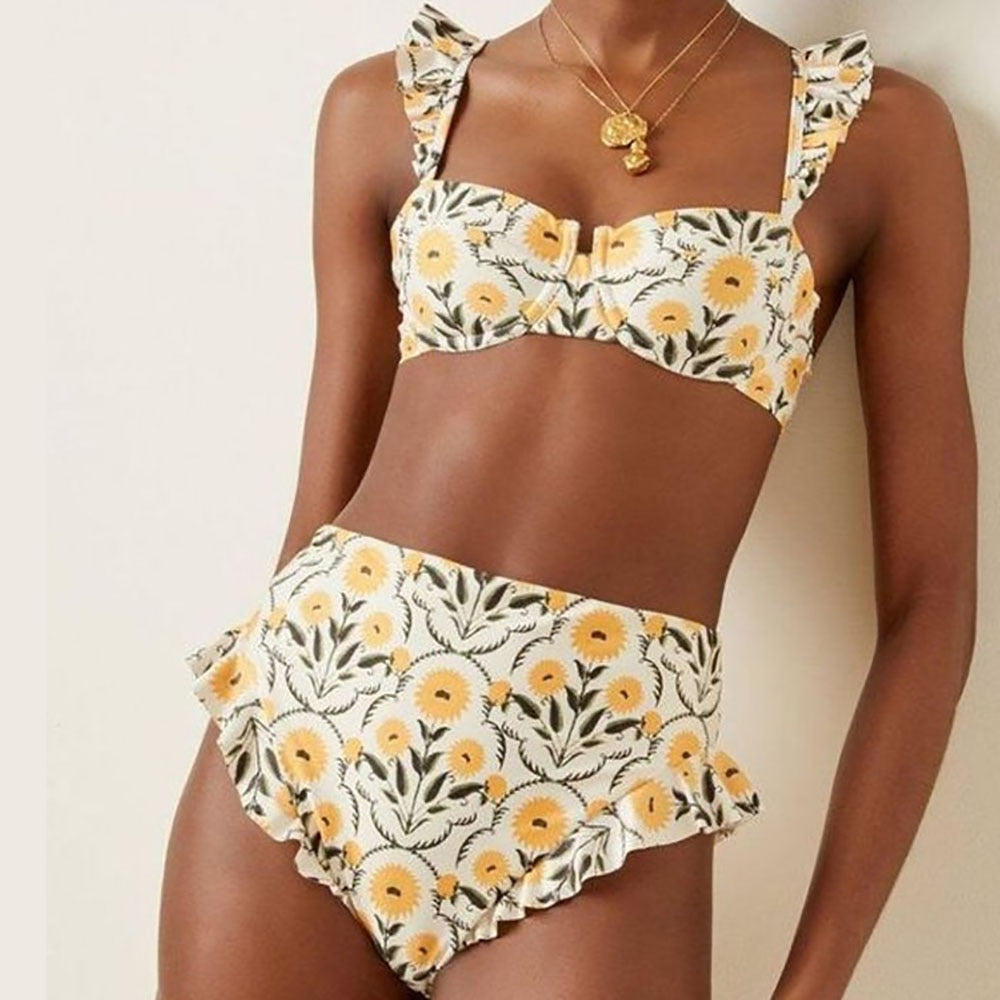 Sunflower Bloom Ruffle High-Waist Bikini Set – Vintage Floral Swimwear