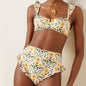 Sunflower Bloom Ruffle High-Waist Bikini Set – Vintage Floral Swimwear