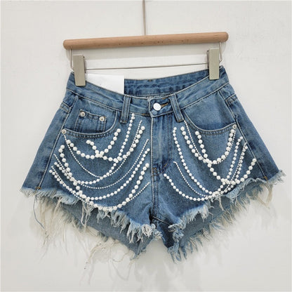 High waisted  Denim Short Shorts  With Beaded Rhinestone