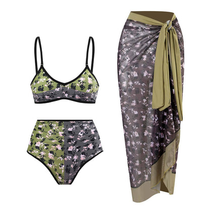 Three-piece Set of Retro Style Print Swimsuits Paired with a Matching Sarong in Multiple Designs