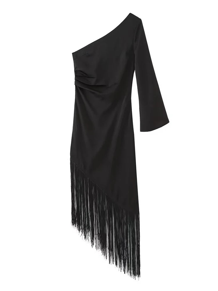 Elegant  Fringe Dress  With Asymmetrical Sleeve