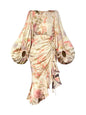 Vintage Print  Round Neck Lantern Sleeve  Ruched Midi Dress