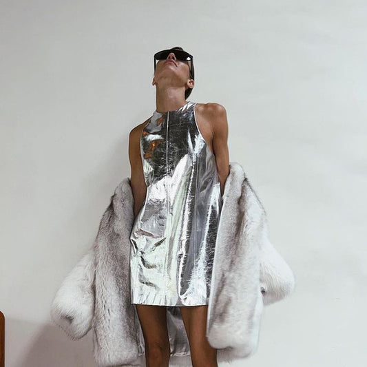 Shiny Silver Faux  Leather Mini Dress