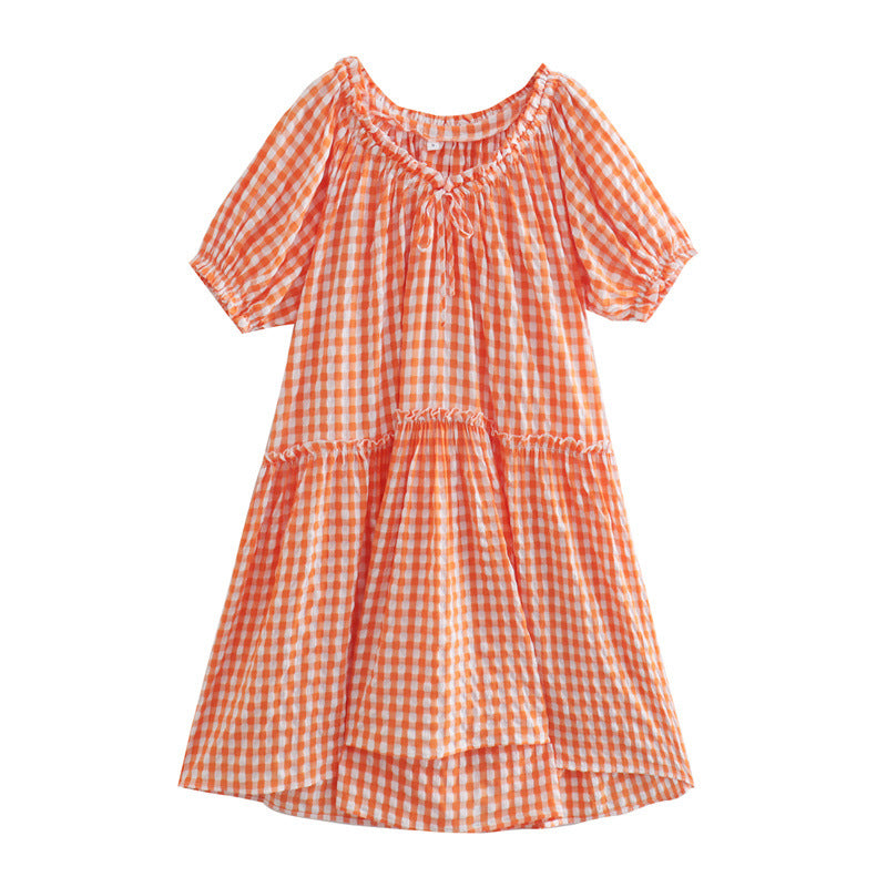Orange Gingham Puff Sleeve Dress – Sun-Kissed & Effortless