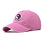 Distressed Pure Cotton  Baseball Cap with an Embroidered Pink and Black Yin-Yang Logo