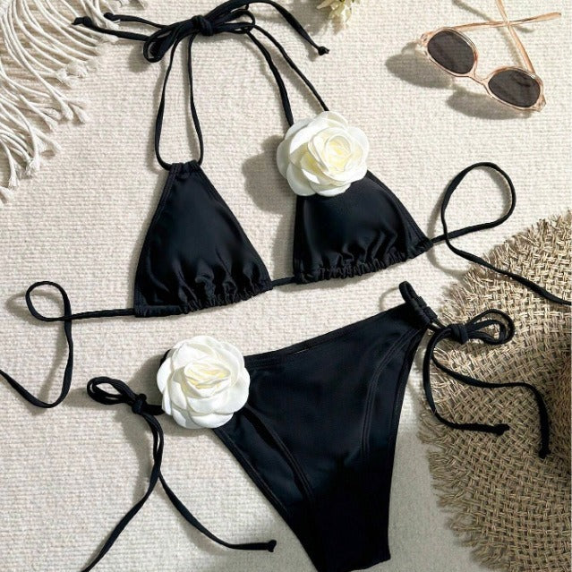 Sexy Black String Bikini with  3D Floral  Designer Detailing