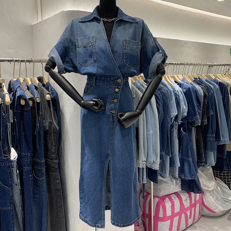 Stylish V-neck retro design denim dress for women