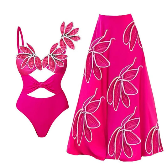 Fuchsia Bloom Cutout Swimsuit & Skirt Set