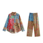 European and American color blocked printed loose shirt with lace up straight leg pants set