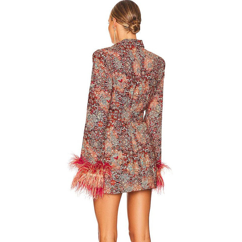 Elegant V-neck Floral Mini Dress with Decorative Feathers at Cuffs