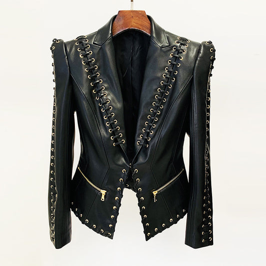 Rock Star Fitted Faux Leather Blazer with Cool Designer Detailing