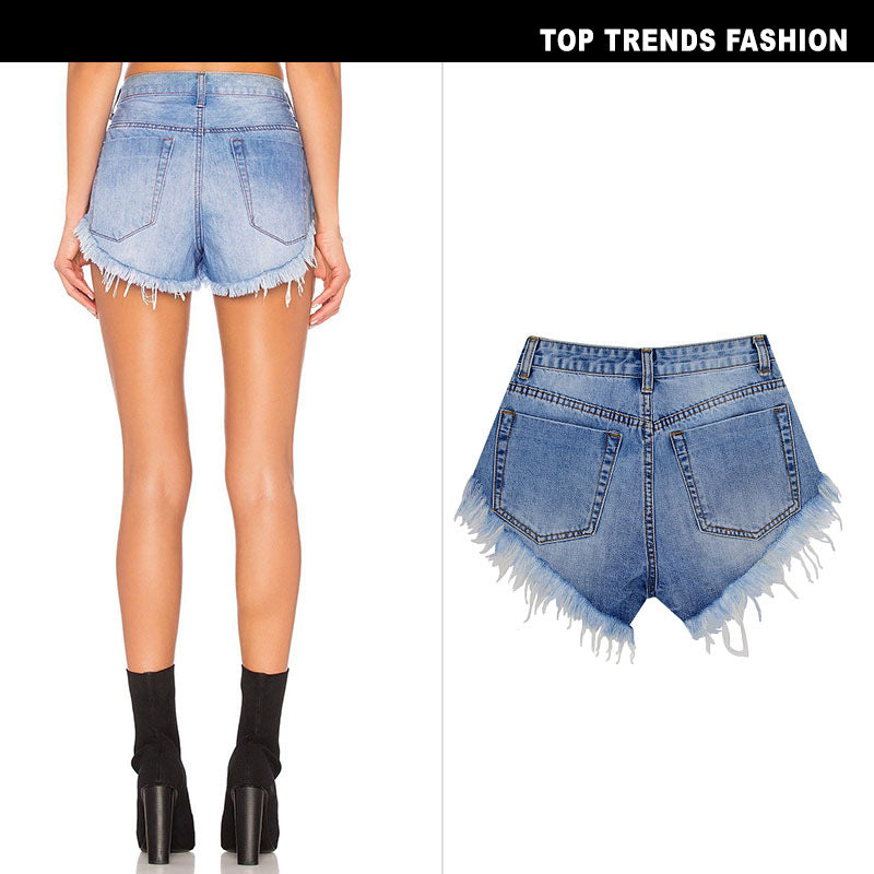 Women's High-Waisted  Washed And Polished Jean Short Shorts with Fringe