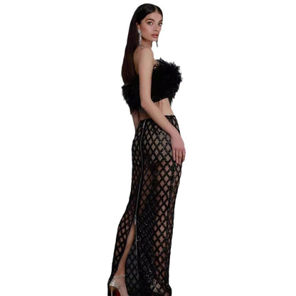 Sexy 3 D Feather Tube Top With a Trendy Sheer Sequined Netted Long Skirt, Complete Stylish Outfit