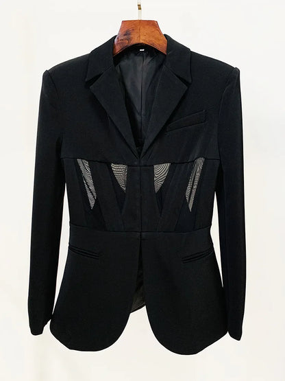 Sheer-Panel Tailored Blazer & Fluted Mesh-Hem Trousers Set (Black)