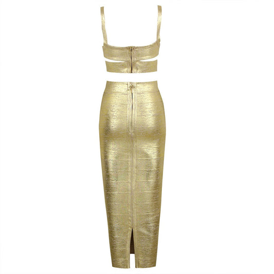 Gold Bandage Skirt and Bra Top Two-Piece Set