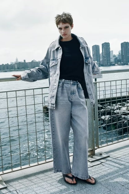 Denim Jacket & Wide-Leg Jeans Two-Piece Set