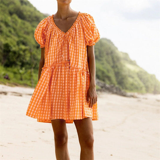 Orange Gingham Puff Sleeve Dress – Sun-Kissed & Effortless