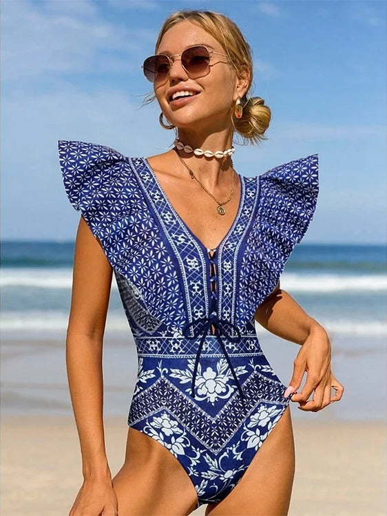 Santorini Breeze Ruffle One-Piece Swimsuit & Boho Skirt Set