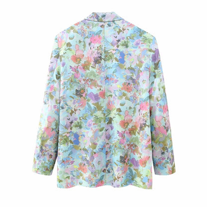 Retro Style Long Sleeve  Floral Double Breasted Pant Suit  For Women