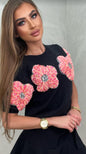 Short-Sleeved Sweater With Sweet Pink Flower Design