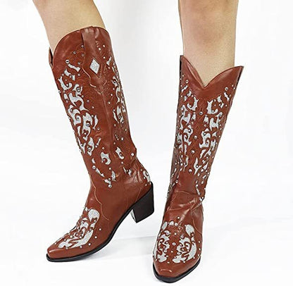 Super Stylish Embroidered Solid Thick Heel Cowgirl Boots