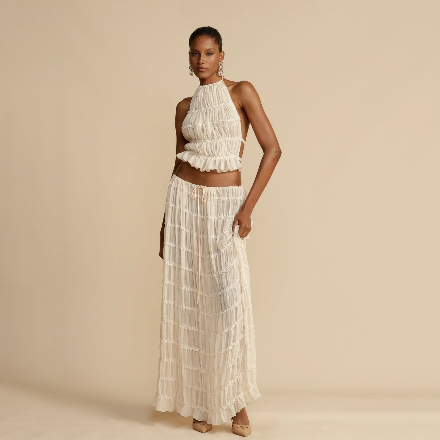 Off White Backless Chiffon Halter Crop Top, Paired With Long Chiffon Pleated Skirt, Two-piece Set