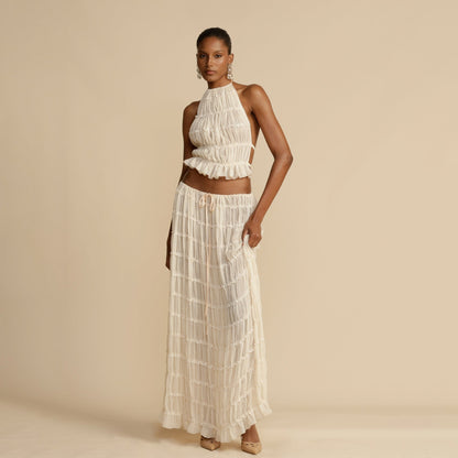 Off White Backless Chiffon Halter Crop Top, Paired With Long Chiffon Pleated Skirt, Two-piece Set