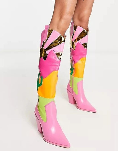 Western Multicolored Patchwork Women Cowboy Boots