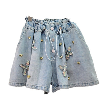 Women's Wide Leg Denim Shorts  Embroidered With Sequins