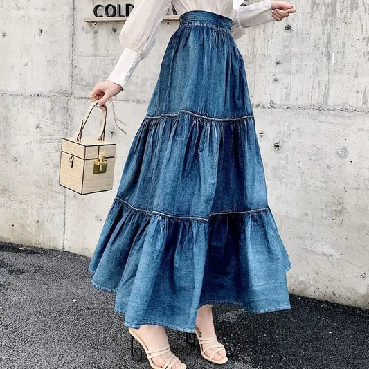 Long Vintage Denim Skirt with Elastic Waist