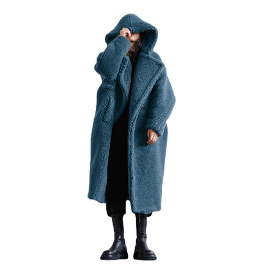 Fashionable Faux Lamb Wool Women's Long Coat with a Hood