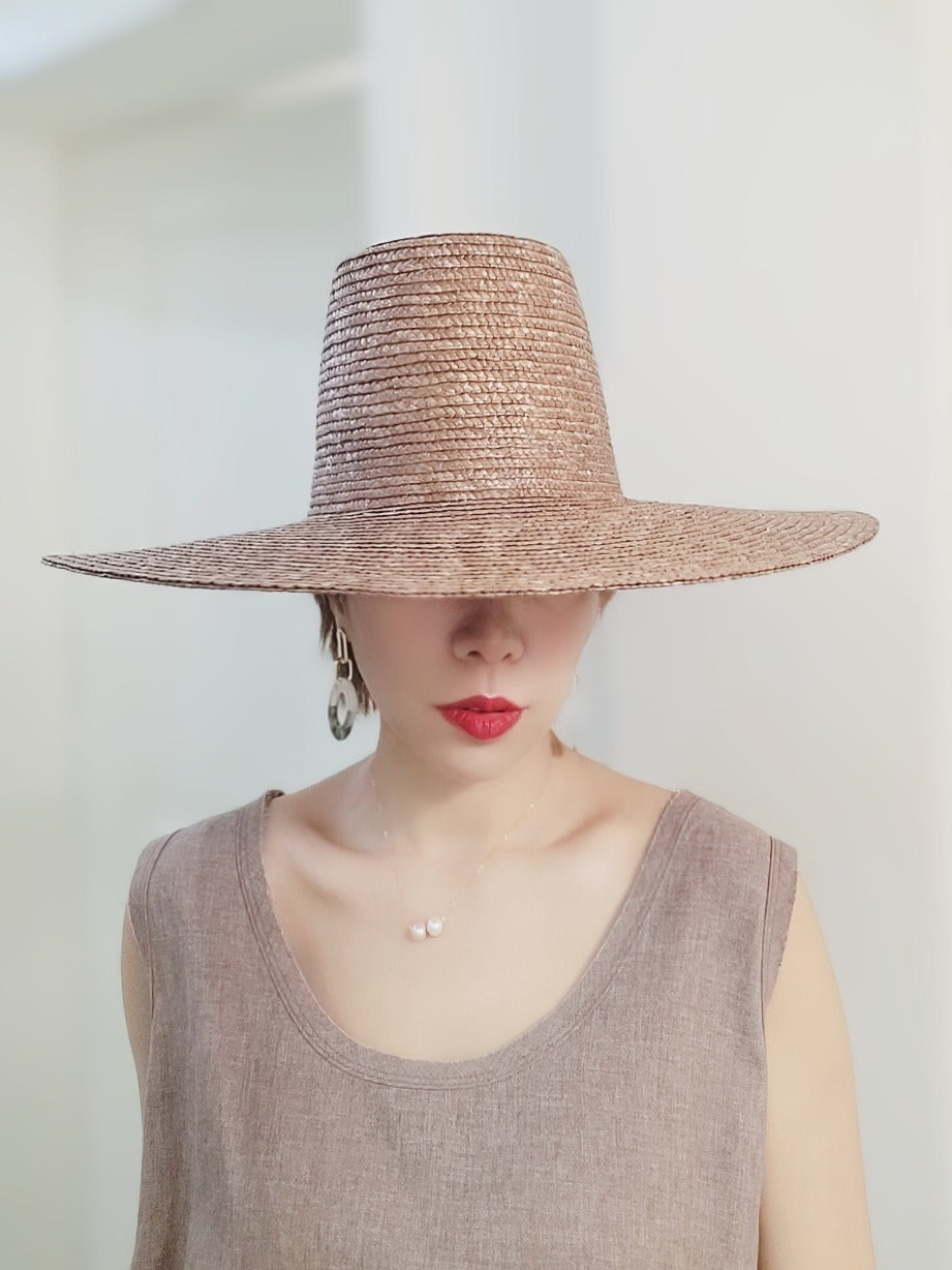 High Top Brown and Wheat Colored Straw Wide Brim Hats