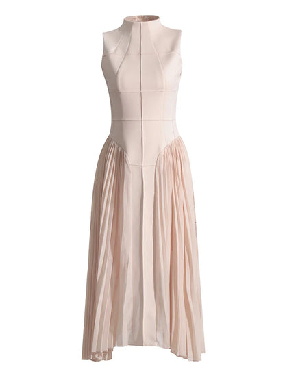 Stylish Long  Pleated Dress With High Neck For Women