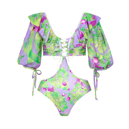 Tropical Bloom Puff Sleeve Cut-Out One-Piece Swimsuit