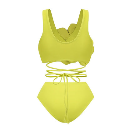 Sexy High Waisted Three-piece Green Bikini Set with a 3D Flower Design